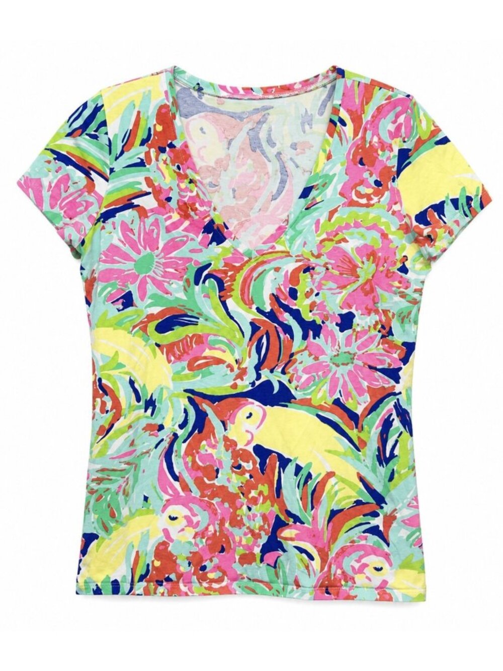 Lilly Pulitzer Michele V-Neck T Shirt Small Casa Banana Multicolor Cotton Casual